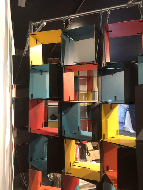 A colourful modular shelving structure